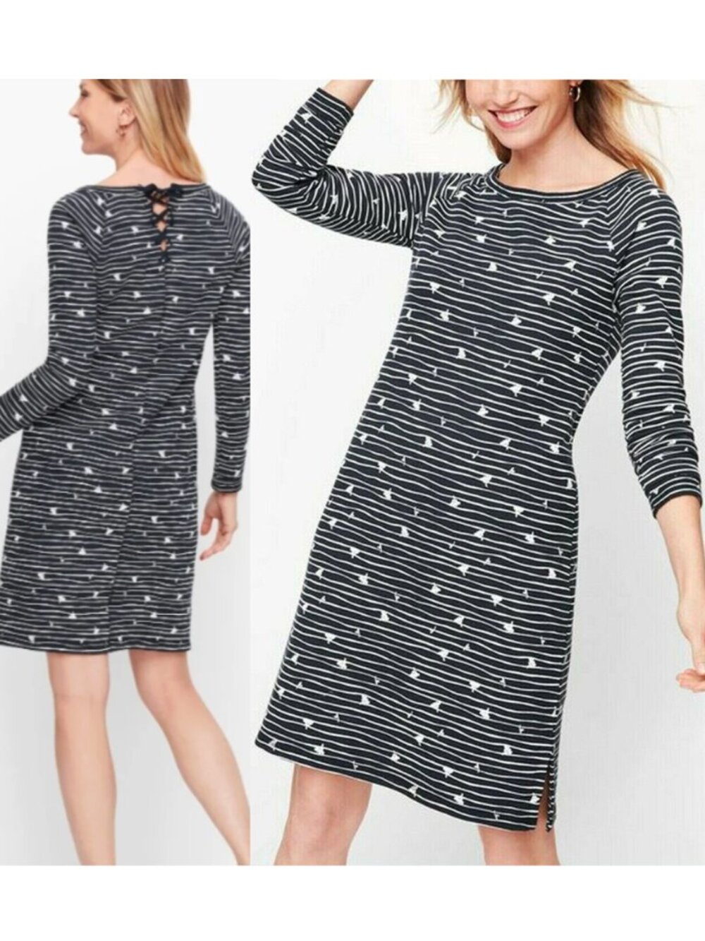 T BY TALBOTS Long Sleeve Mixed Print Dress Navy Blue Cream Striped Floral Cotton